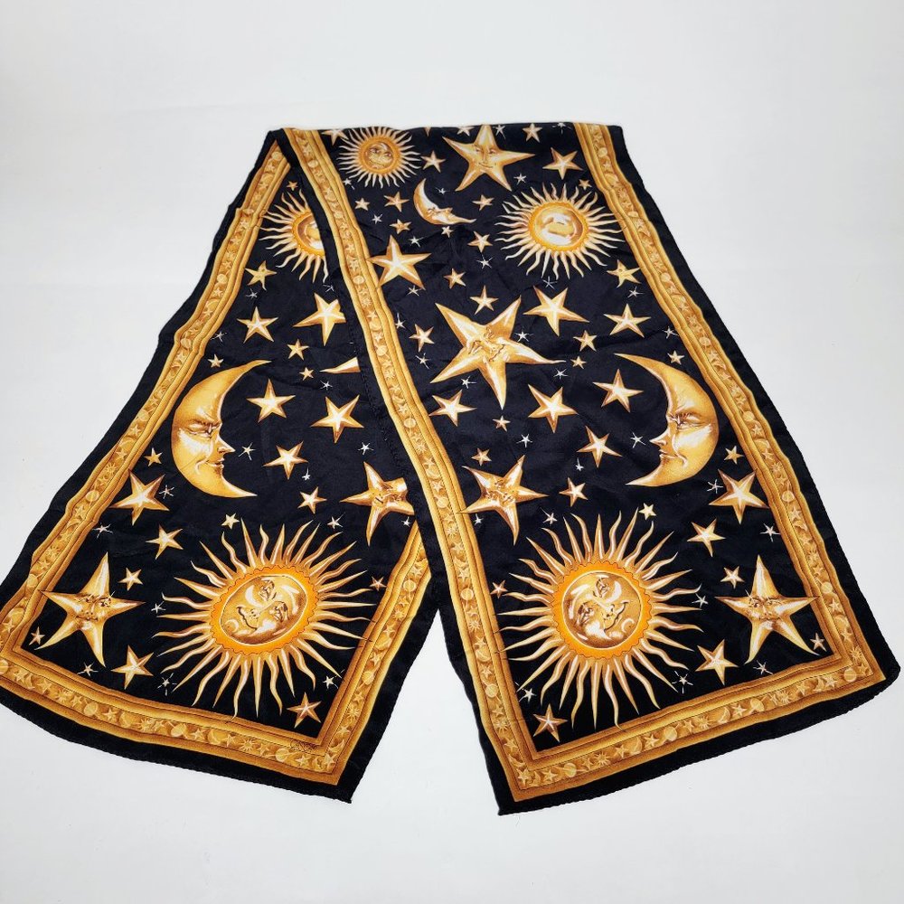 Vintage Casca Scarf Celestial Silk Neck Scarf Sun Moon Stars Black Gold